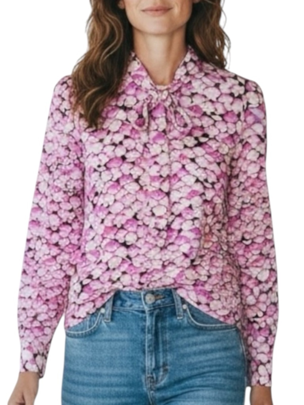 ANN TAYLOR Tie Front High Neck Floral Blouse in Pink/Cream/Black Size Small